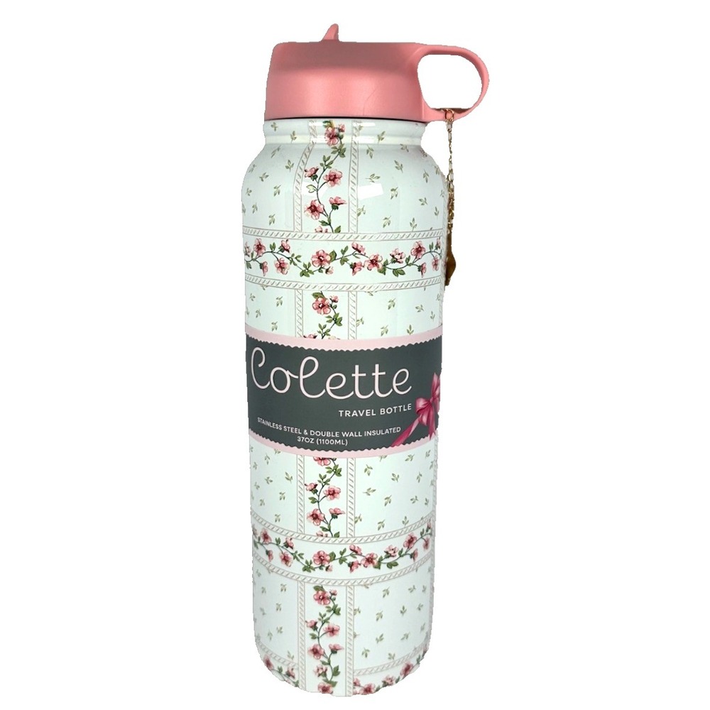 Colette Floral Travel Bottle 37oz Pink Insulated Bottle w Charm Cottagecore